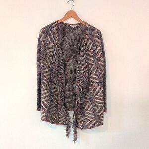 Lucky Brand Women's Open Front Boho Cotton Cardigan Fringe Pink Cream Black Sz S
